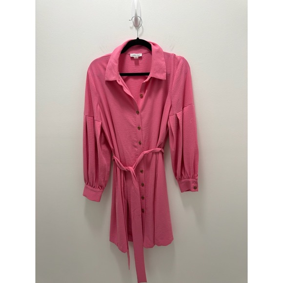 Calvin Klein Dresses & Skirts - Calvin Klein Pink Textured Balloon Sleeve Button Down Shirt Dress Size 8